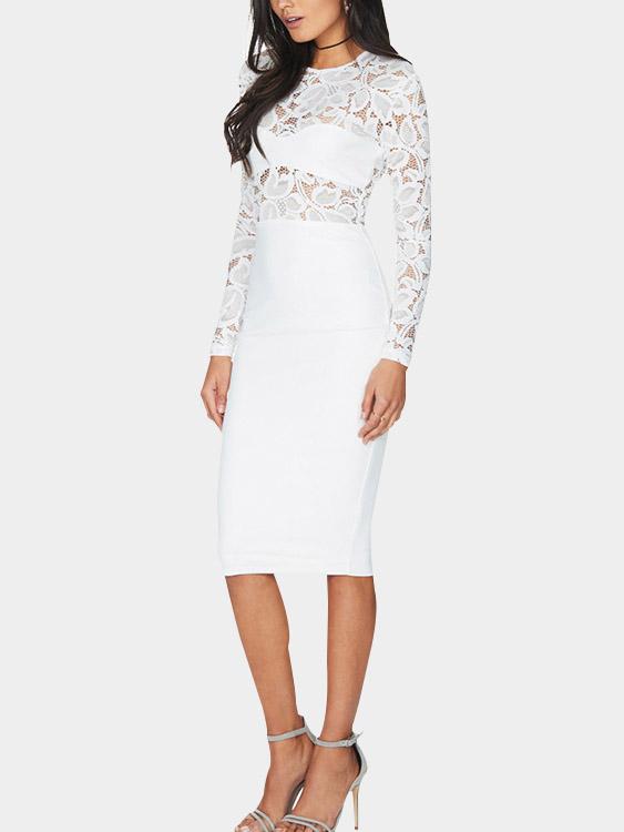 White Round Neck Long Sleeve Lace Bodycon Dresses