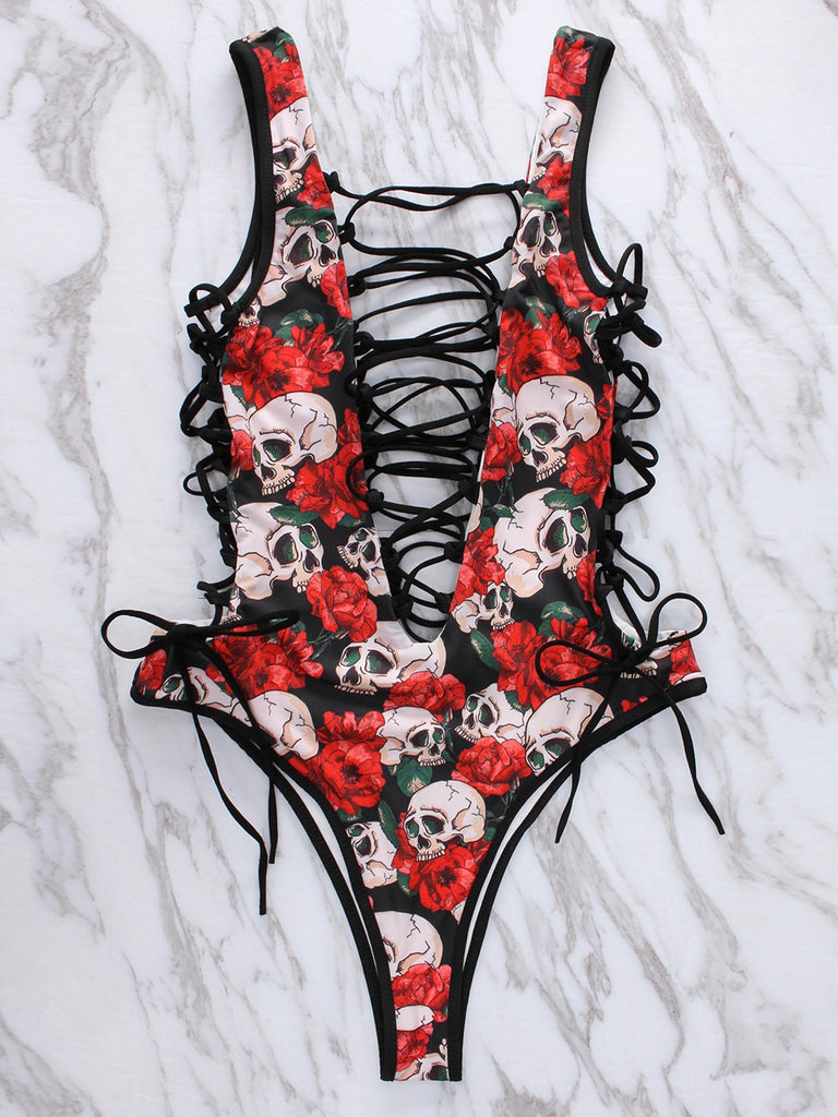 Floral Print Backless Lace-Up Sleeveless One-Pieces
