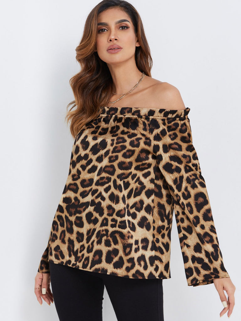 Off The Shoulder Leopard Long Sleeve Blouses