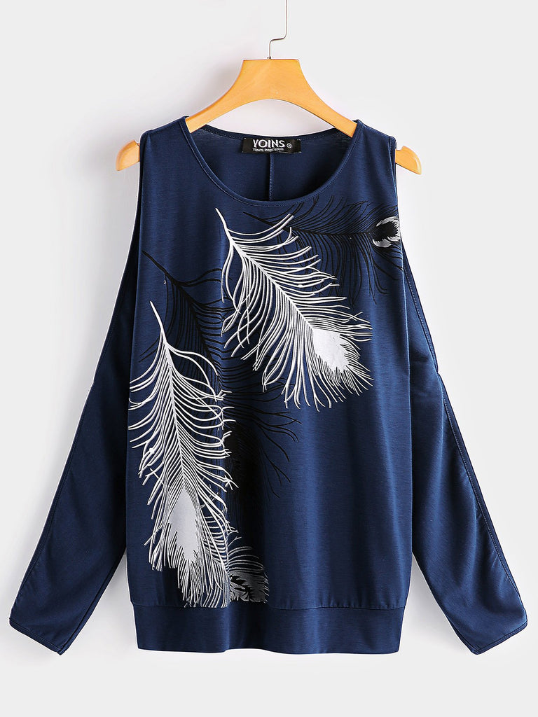 Scoop Neck Cut Out Long Sleeve Navy T-Shirts