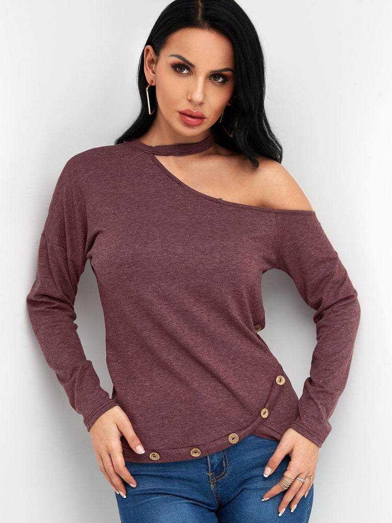 Halter One Shoulder Plain Cut Out Slit Long Sleeve Irregular Hem Burgundy T-Shirts