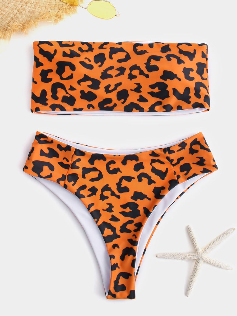 Leopard Strapless High Waist Fashion Orange Bikinis