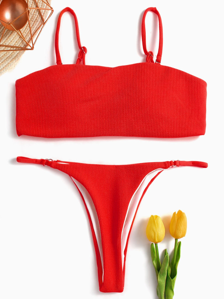 Red Square Neck Sleeveless 2 Piece Bikinis