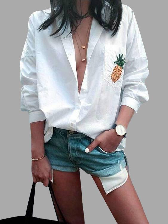 Lapel Collar Floral Print Long Sleeve White T-Shirts