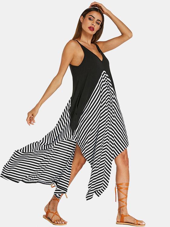 Black Deep V Neck Sleeveless Stripe Spaghetti Strap Casual Dresses