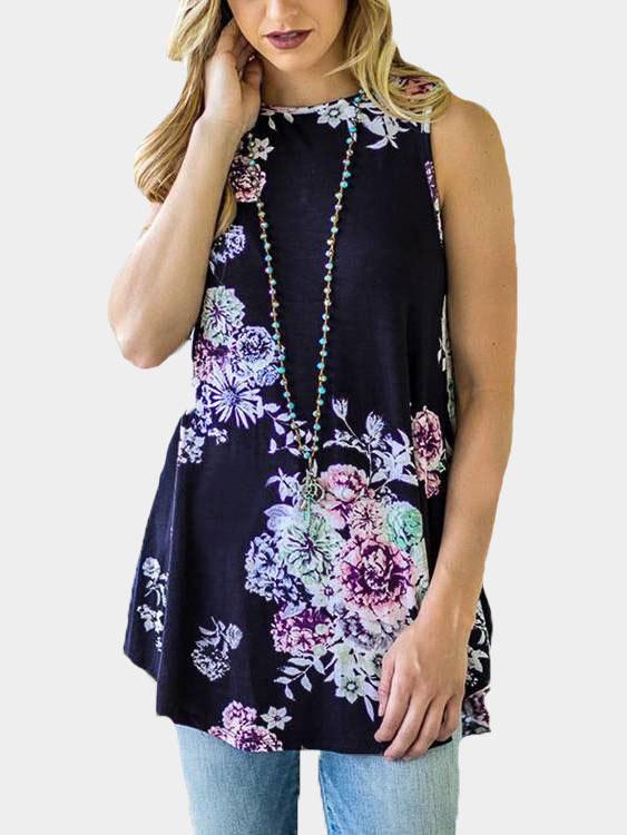 Round Neck Floral Print Sleeveless Curved Hem Camis