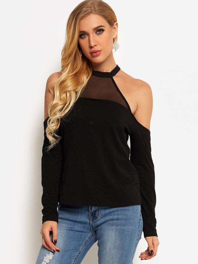 Cold Shoulder Plain Long Sleeve Black Top