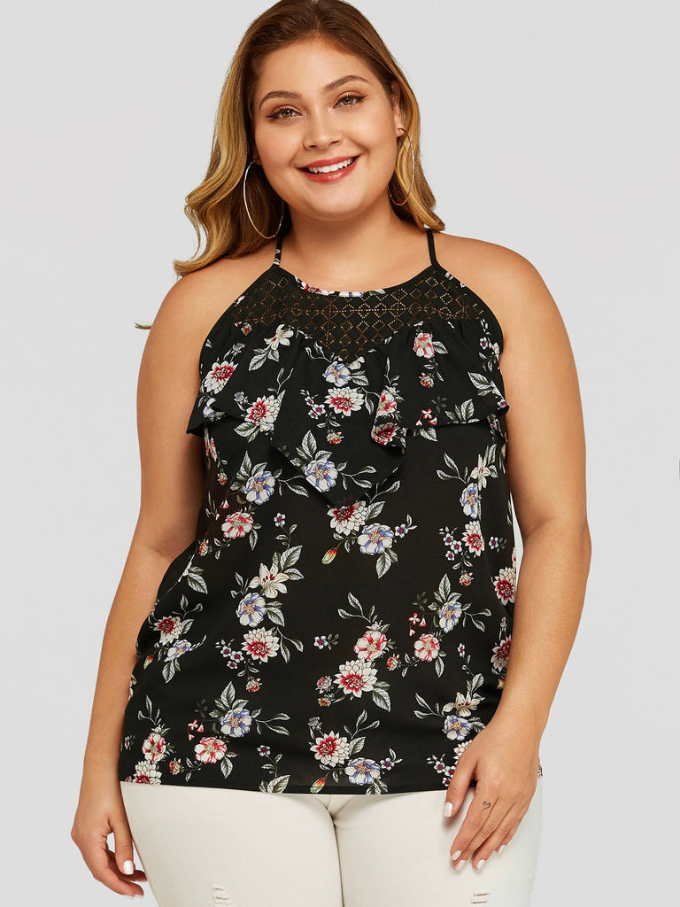 Halter Floral Print Crochet Lace Embellished Spaghetti Strap Ruffle Trim Sleeveless Black Plus Size Tops