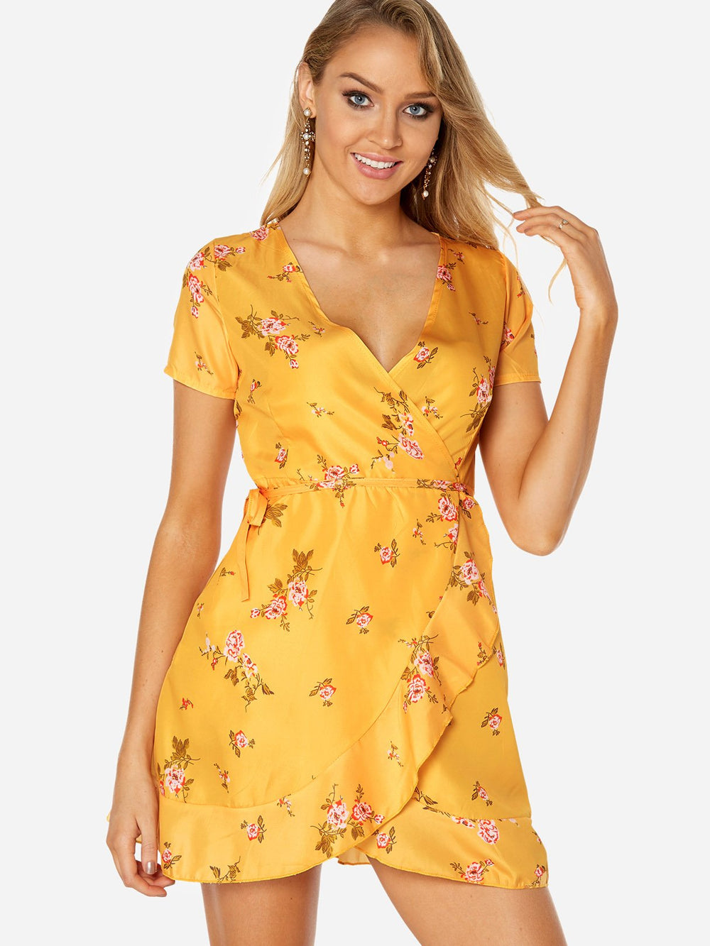 Yellow V-Neck Short Sleeve Floral Print Slit Self-Tie Wrap Flounced Hem Mini Dress