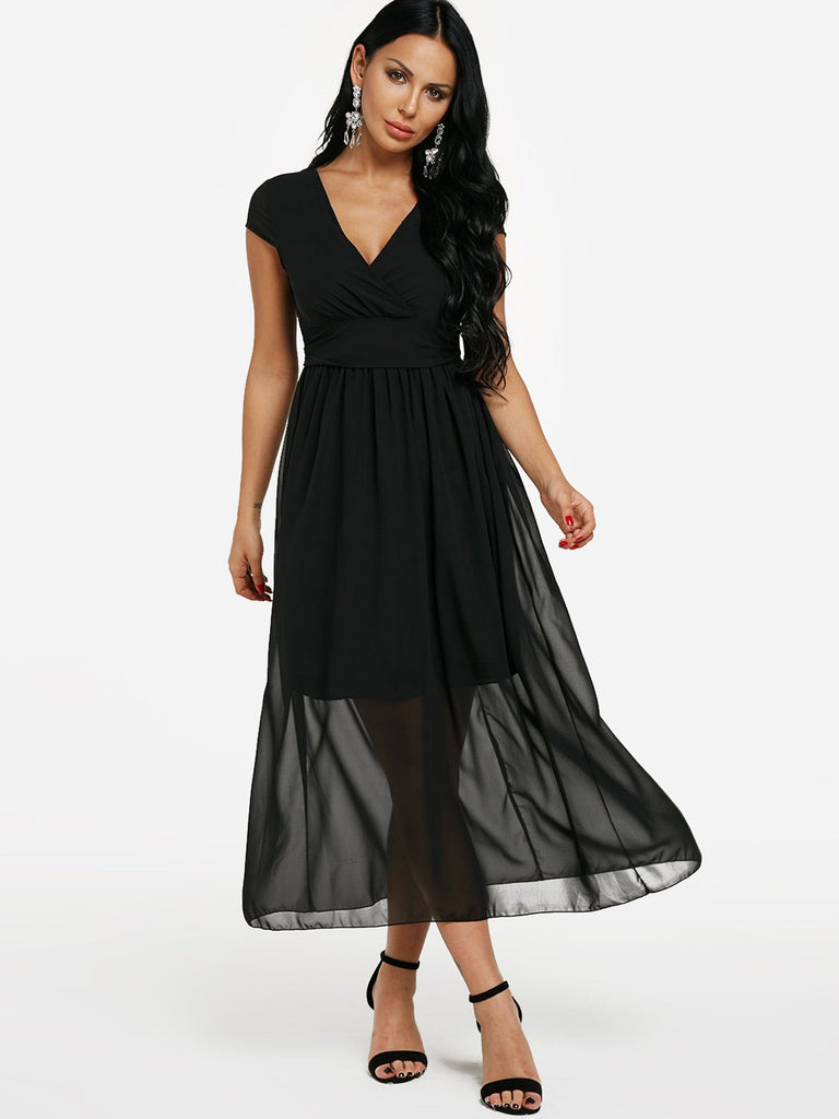 V-Neck Short Sleeve Partially Lined Wrap Flounced Hem Black Chiffon Dresses