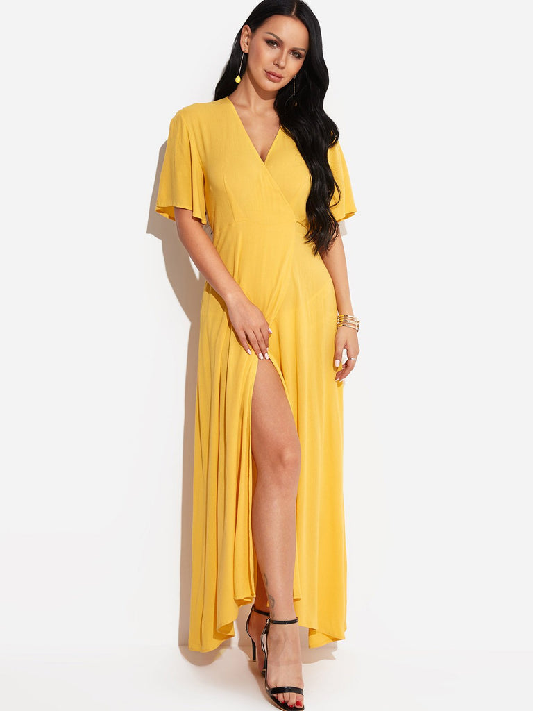 Yellow V-Neck Long Sleeve Crossed Front Lace-Up Slit Hem Sexy Dresses