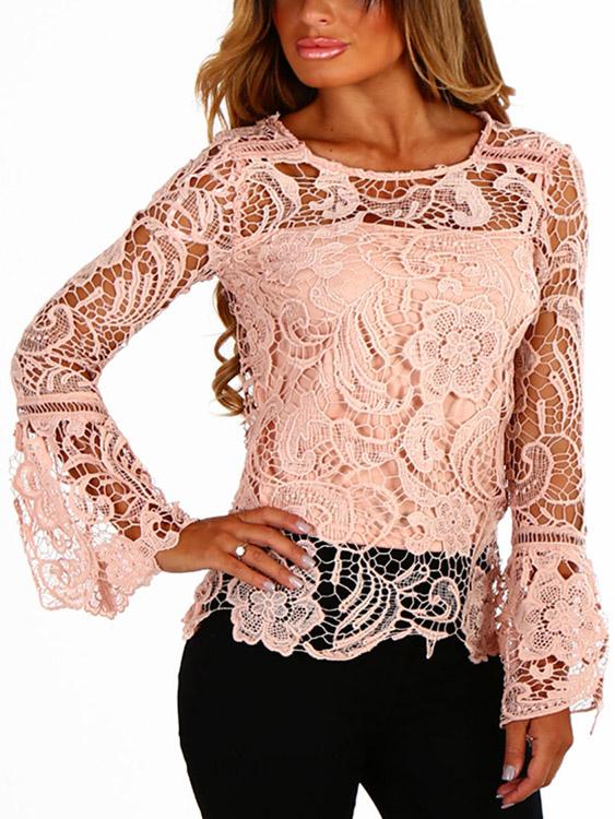 See-Through Lace Details Round Neck Long Sleeves Sexy Top