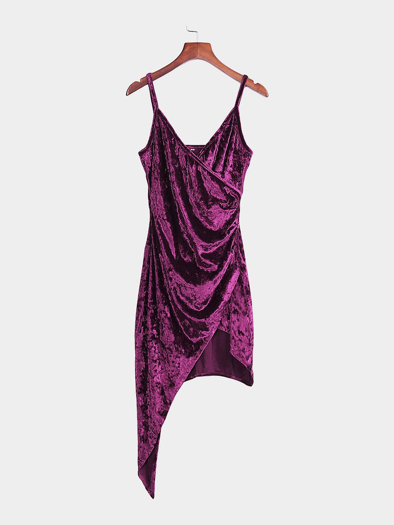 Purple V-Neck Sleeveless Wrap Irregular Hem Sexy Dress