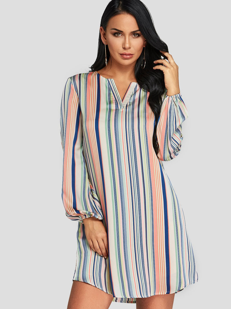 V-Neck Long Sleeve Stripe Curved Hem Mini Dress