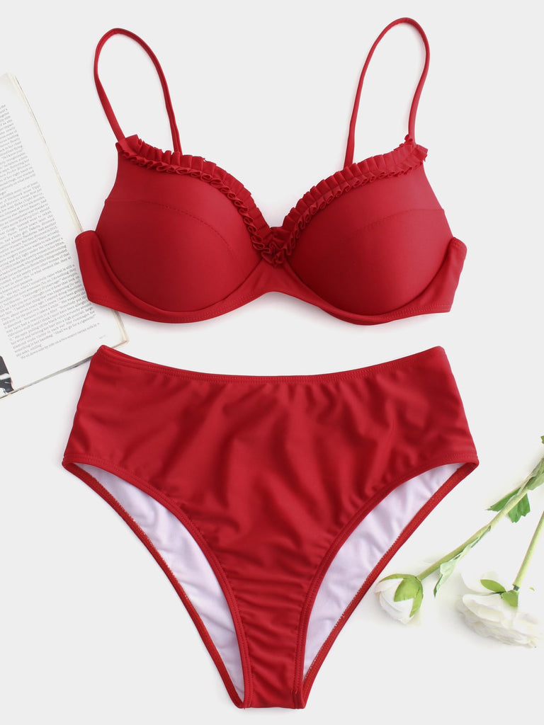 Plain Ruffle Trim Sleeveless Red Bikini Set