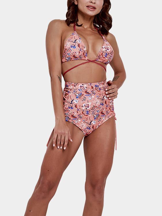 Halter V-Neck Floral Print Criss-Cross Tie-Up Sleeveless High-Waisted Pink Bikini Set