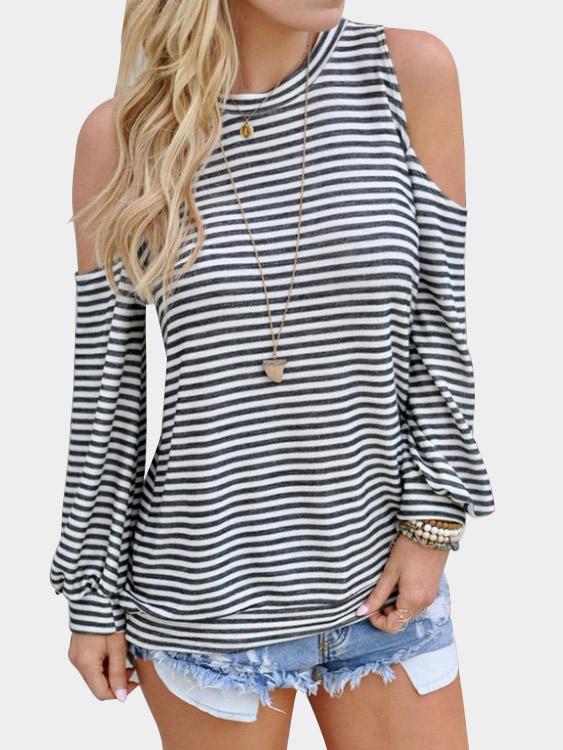 Round Neck Cold Shoulder Stripe Long Sleeve Top