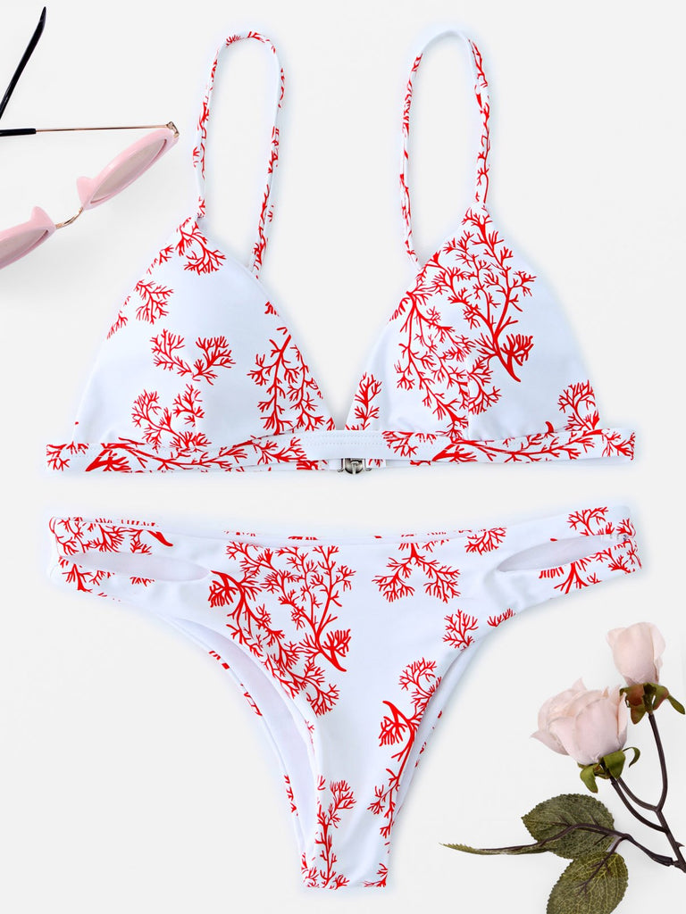 V-Neck Floral Print Backless Bikinis