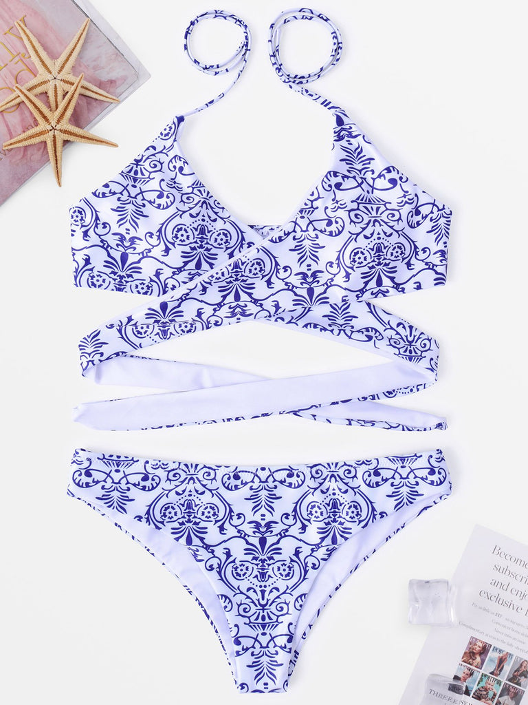 Blue Halter Sleeveless Tie-Up Bikinis