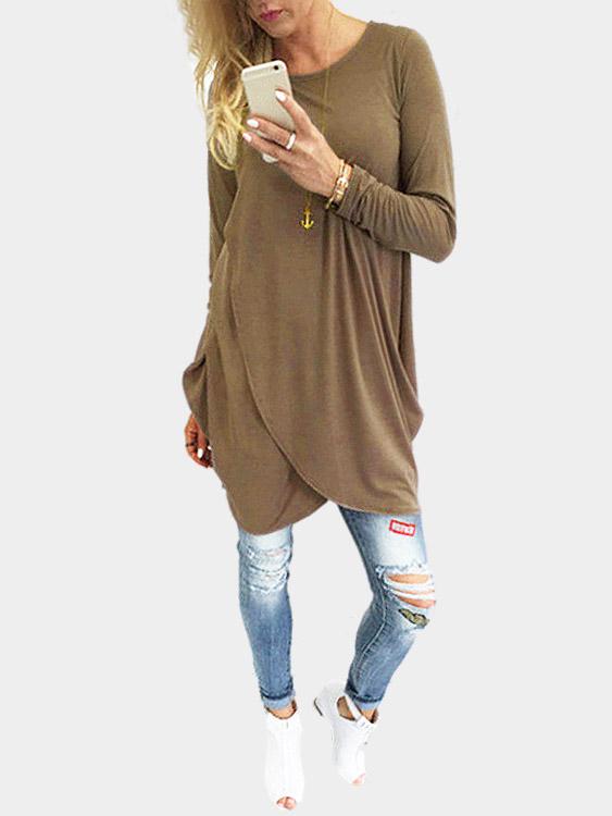 Coffee Round Neck Long Sleeve Plain Irregular Hem Mini Dresses