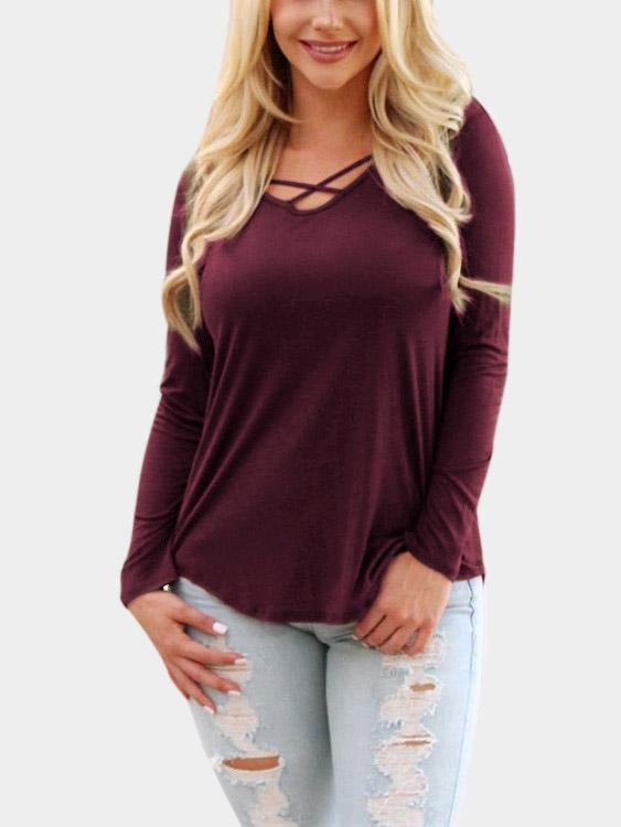 Round Neck Long Sleeve Plum T-Shirts