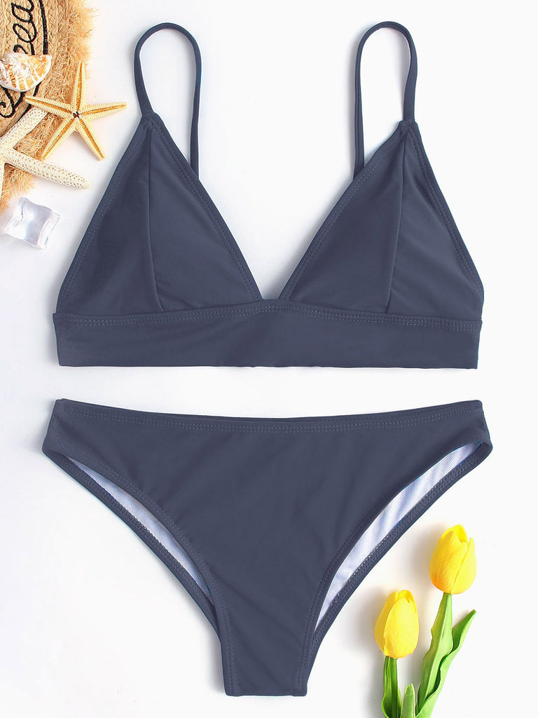 Grey Deep V Neck Sleeveless Spaghetti Strap Two Piece Bikinis