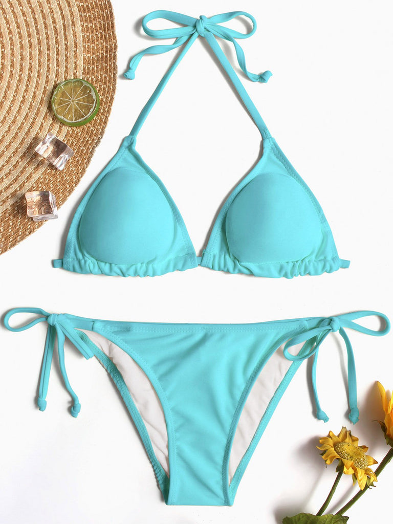 Halter V-Neck Sleeveless Plain Tie-Up Bikinis