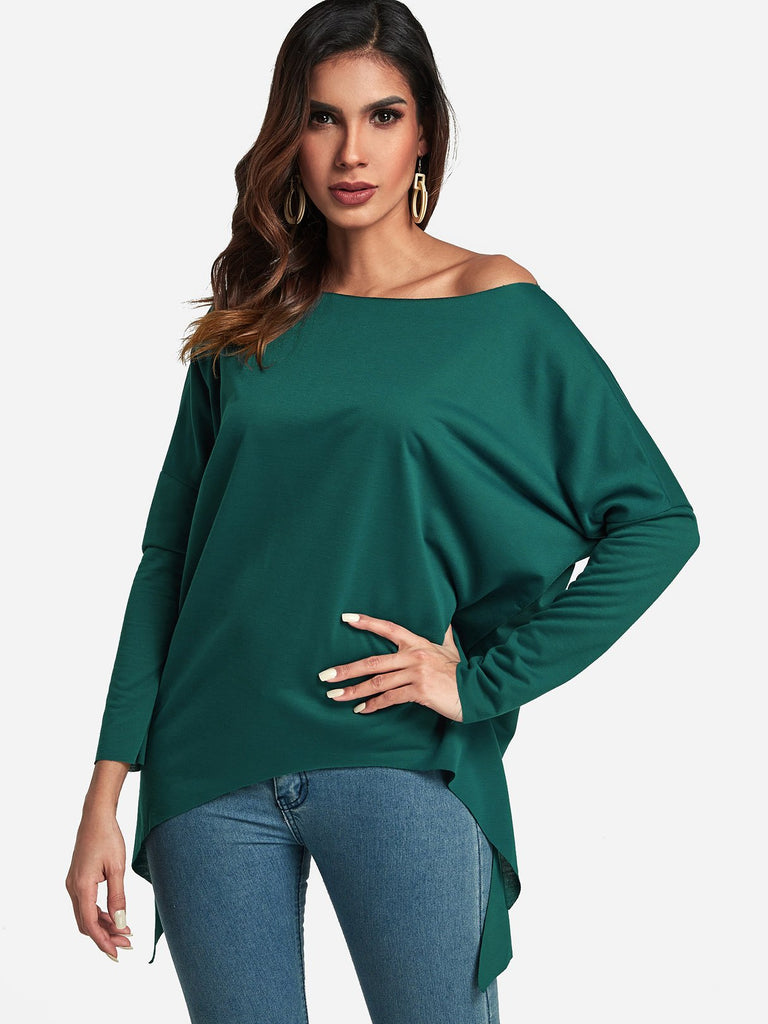 One Shoulder Plain Slit Long Sleeve Irregular Hem Top