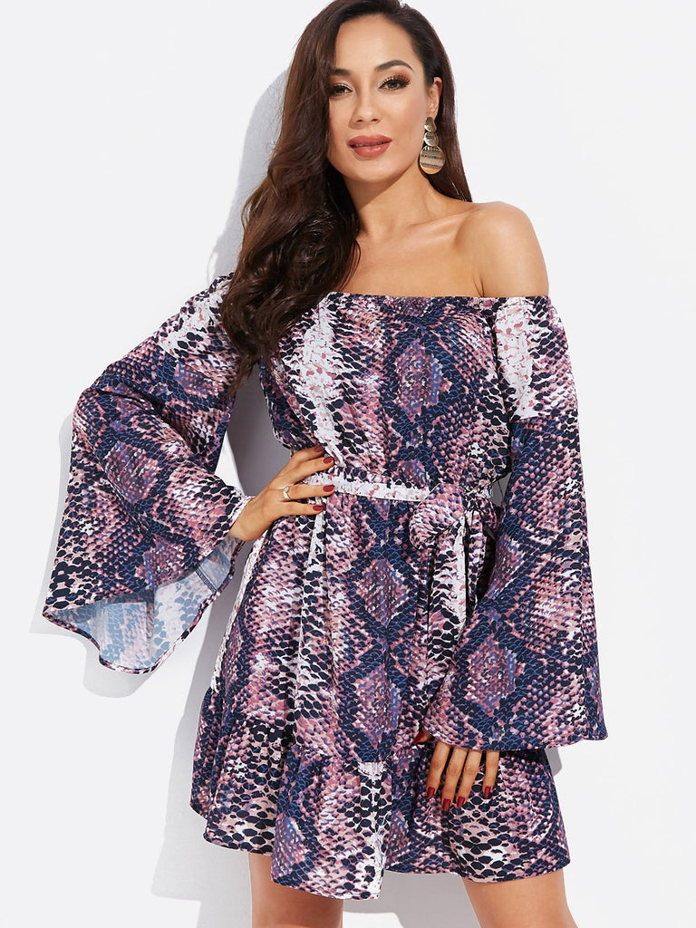 Purple Off The Shoulder Long Sleeve Snake Mini Dress