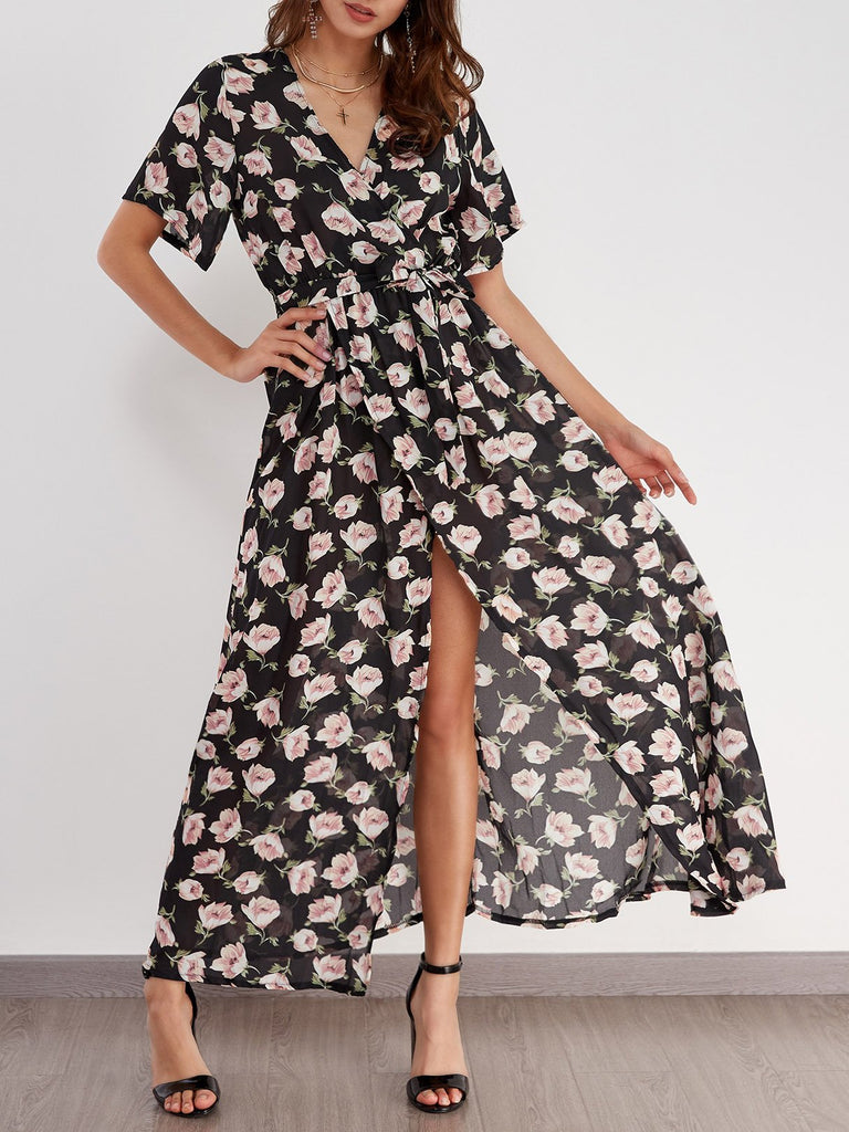 Black Deep V Neck Floral Print Short Sleeve Slit Hem Dresses