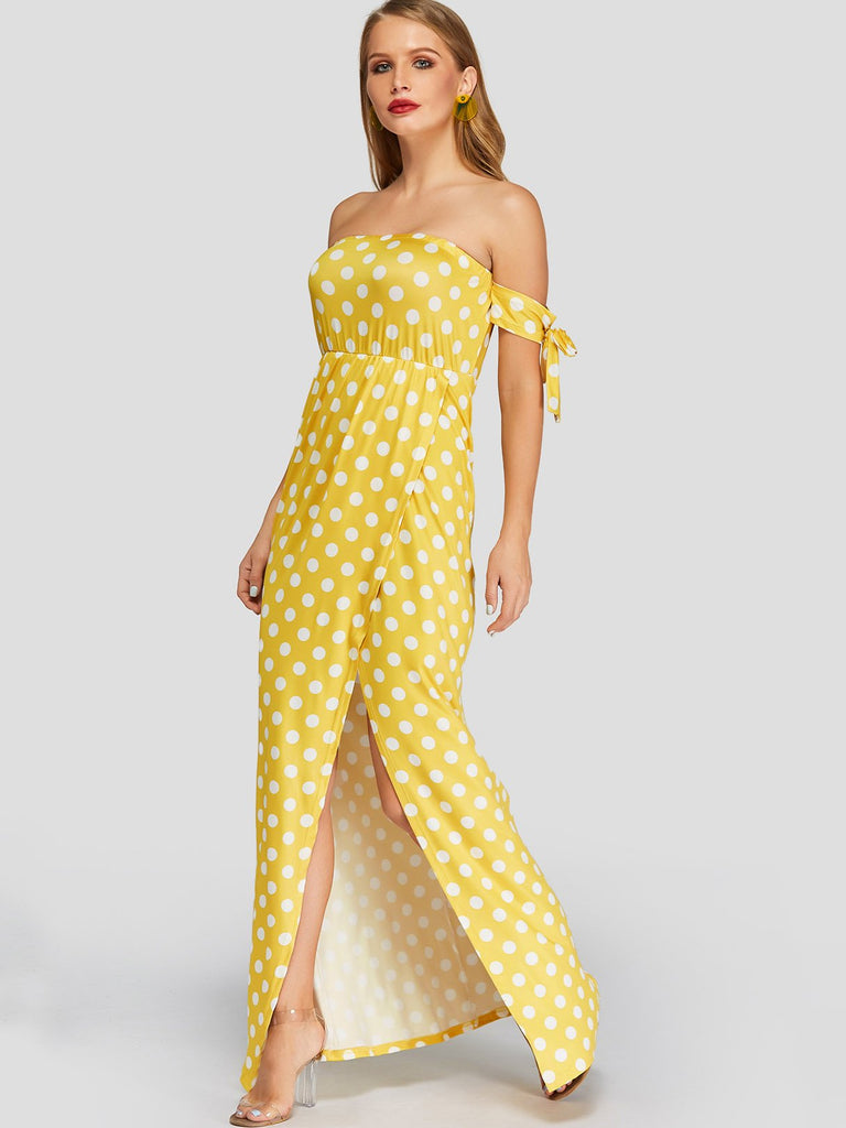 Off The Shoulder Short Sleeve Polka Dot Slit Hem Dresses