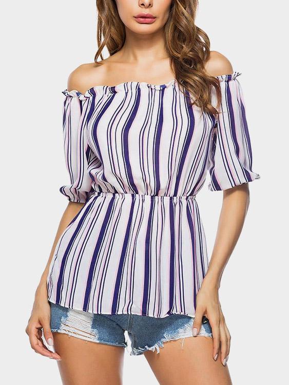 Off The Shoulder Stripe Half Sleeve Blouses