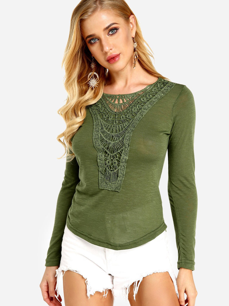 Round Neck Plain Lace Long Sleeve Fashion T-Shirt