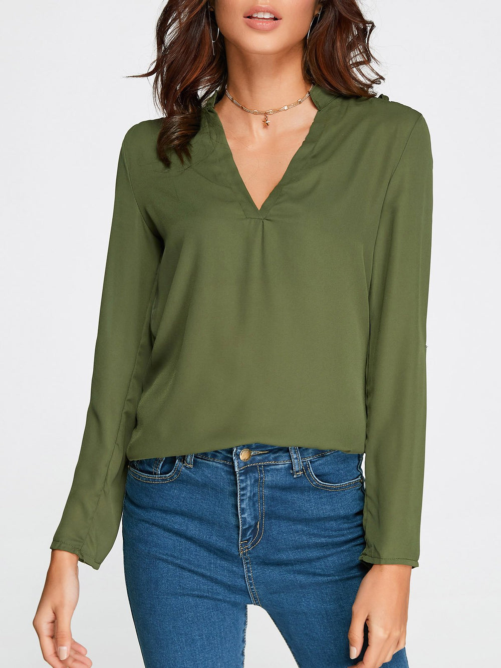 V-Neck Cut Out Long Sleeve Green Top