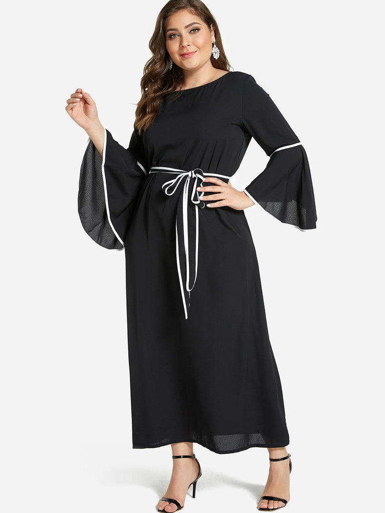Round Neck Plain Self-Tie Long Sleeve Black Oversized Dress