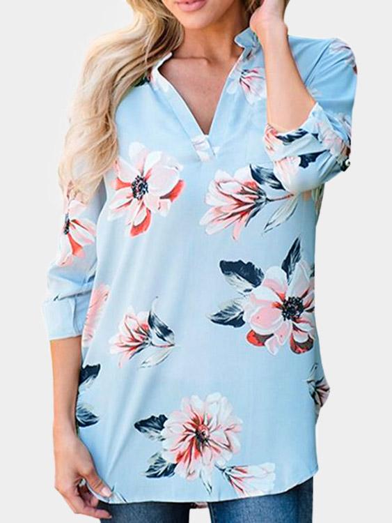 V-Neck Floral Print Long Sleeve Curved Hem Blouse