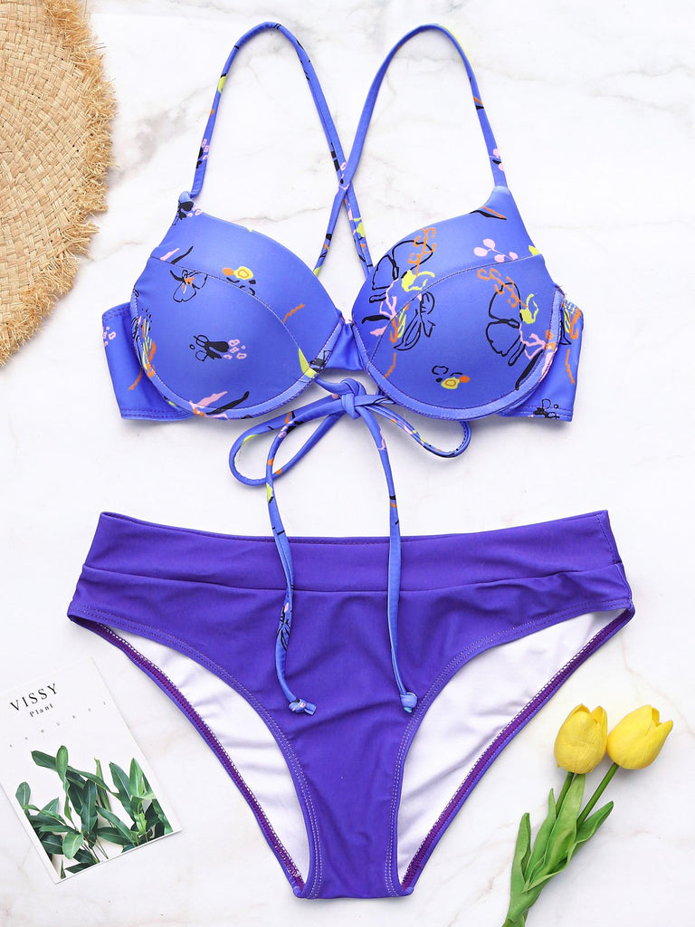 Purple V-Neck Sleeveless Floral Print Criss-Cross Bikini Swimsuit