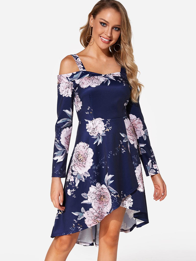 Navy Cold Shoulder Long Sleeve Floral Print High-Low Hem Dresses