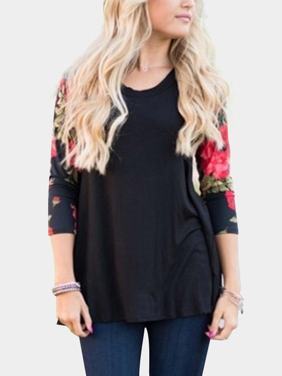 Floral Print Round Neck 3/4 Raglan Sleeve Black Top