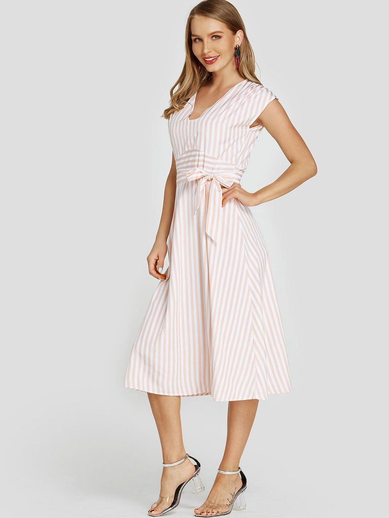V-Neck Stripe Cut Out Self-Tie Sleeveless Pink Midi Dress