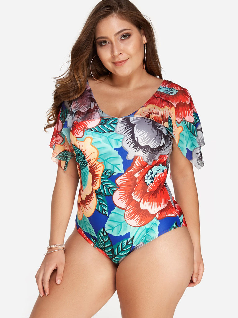 V-Neck Floral Print Backless Cut Out Short Sleeve Plus Size Swimwear