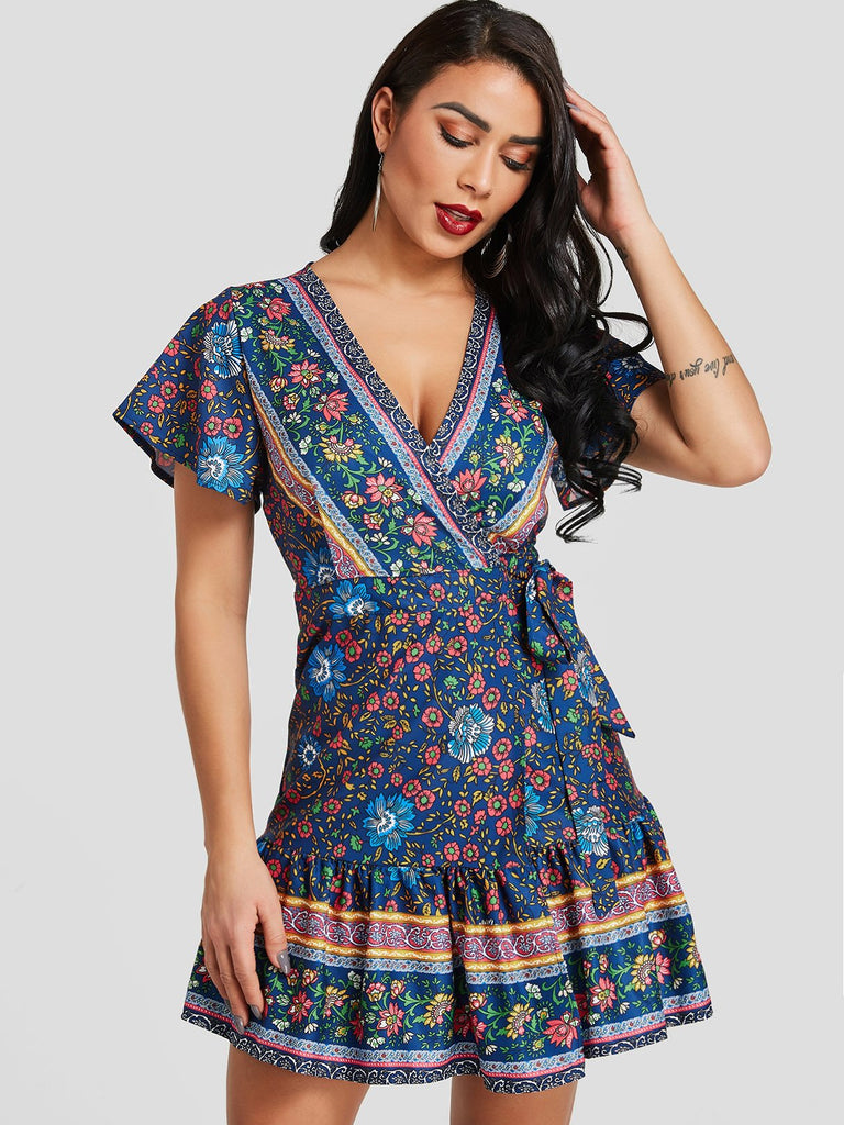 Crossed Collar Short Sleeve Self-Tie Ruffle Hem Dresses