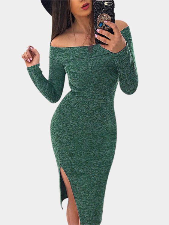 Off The Shoulder Plain Long Sleeve Slit Hem High-Waisted Green Dresses