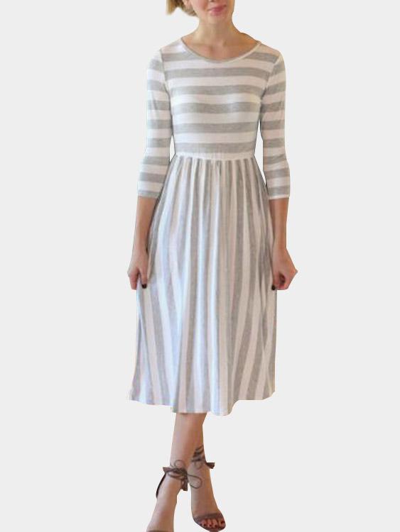 Round Neck 3/4 Length Sleeve Stripe Ruffle Hem Dresses
