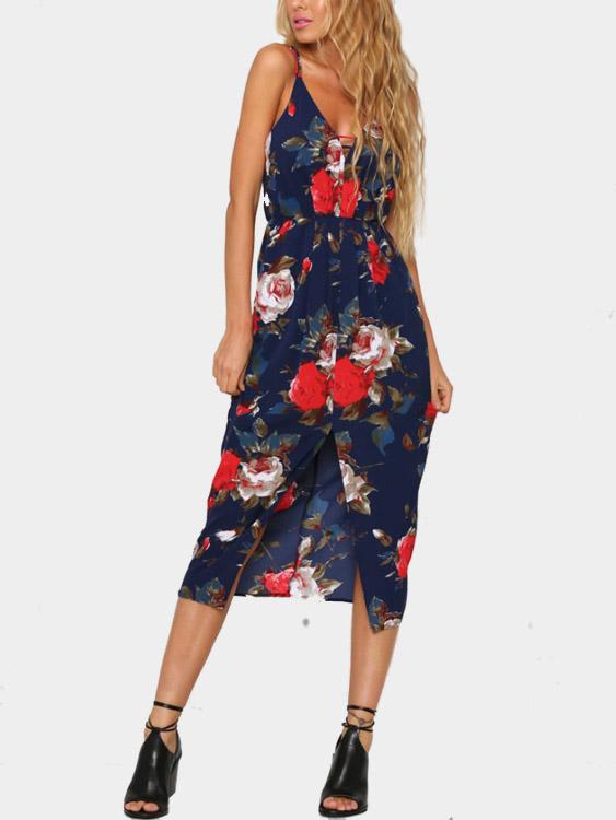 V-Neck Sleeveless Floral Print Backless Spaghetti Strap Slit Hem Maxi Dress