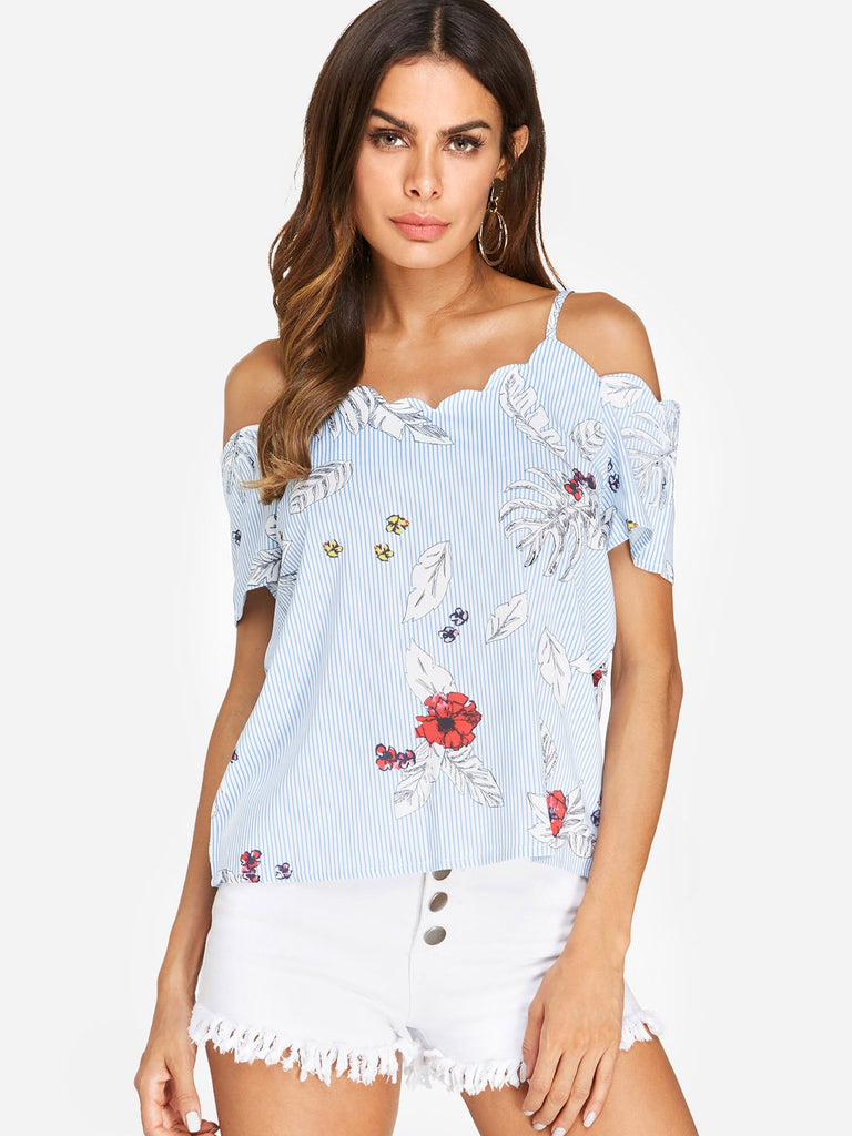 Cold Shoulder Stripe Floral Print Spaghetti Strap Short Sleeve Blue Blouses