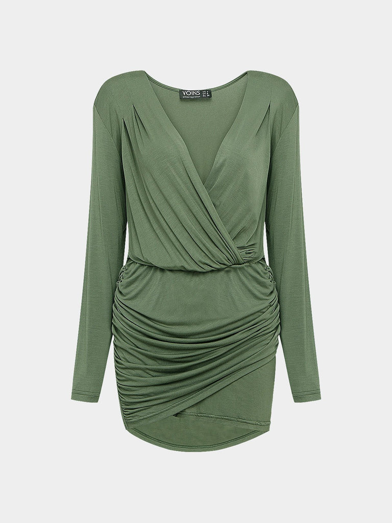 Green V-Neck Long Sleeve Plain Wrap Irregular Hem Mini Dress