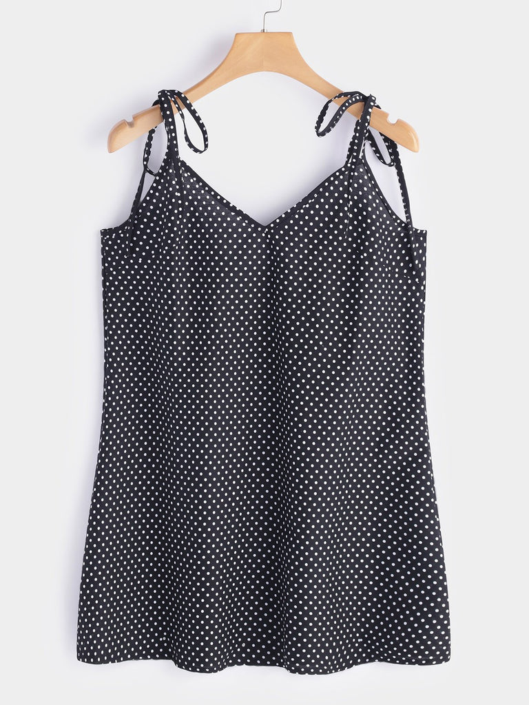 Black V-Neck Sleeveless Polka Dot Backless Lace-Up Spaghetti Strap Mini Dress