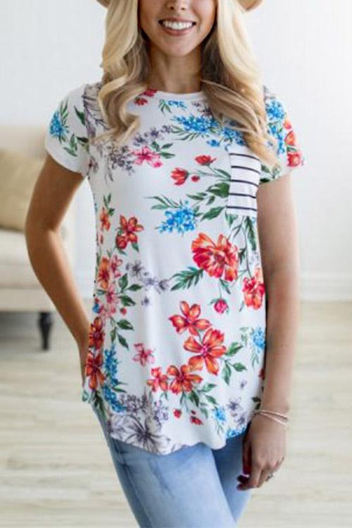 Round Neck Floral Print Short Sleeve White T-Shirts
