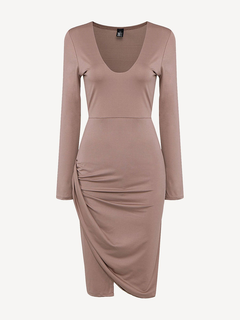 Khaki Deep V Neck Long Sleeve Plain Irregular Hem Midi Dress